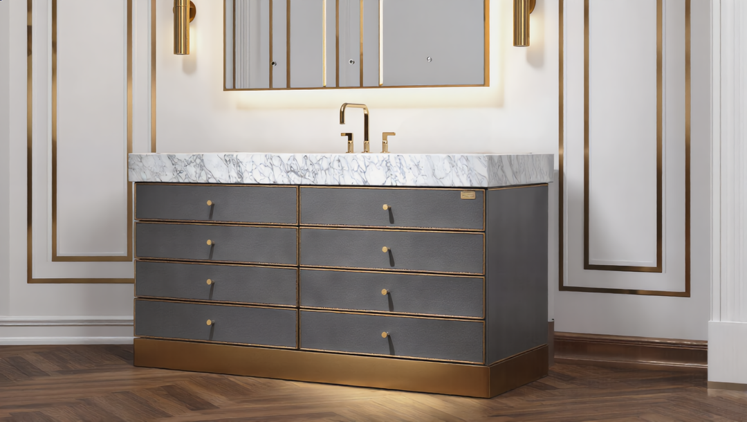 Tuscan-Grey leather with brushed gold trim solid oak wood modern bathroom vanity 48"-60"
