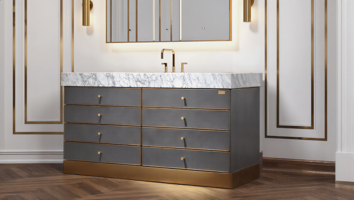 Tuscan-Grey leather with brushed gold trim solid oak wood modern bathroom vanity 48"-60"