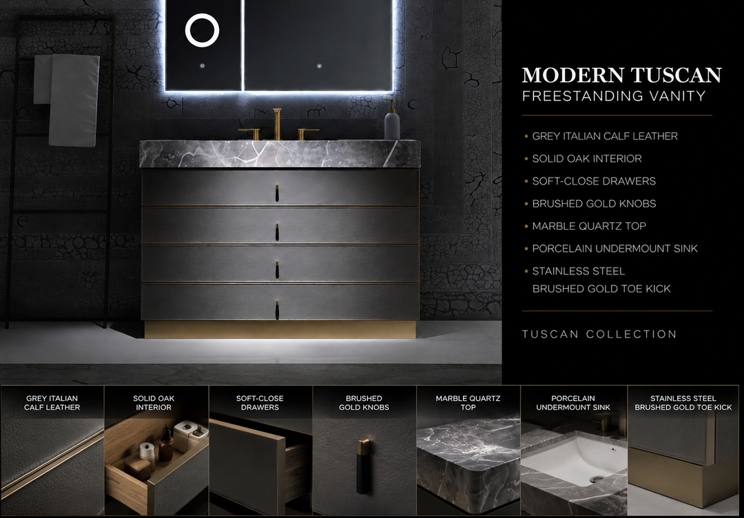 Tuscan-Grey leather with brushed gold trim solid oak wood modern bathroom vanity 48"-60"