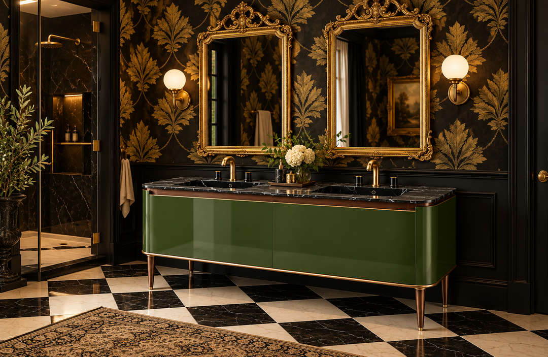 Turin - Ensemble de meuble-lavabo double en bois de noyer massif vert de 60 po 