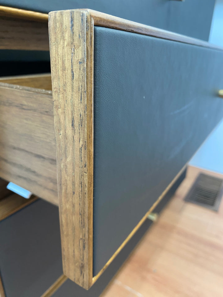Tuscan-Grey leather with brushed gold trim solid oak wood modern bathroom vanity 48"-72"