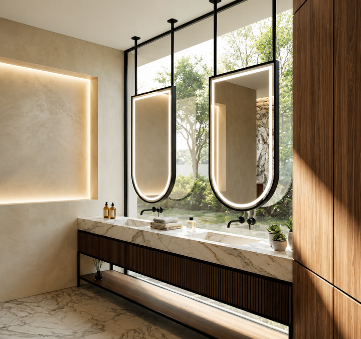 STOCK- U shape Suspended celing mounted mirror 24"X42" TOTAL HEIGHT 75"
