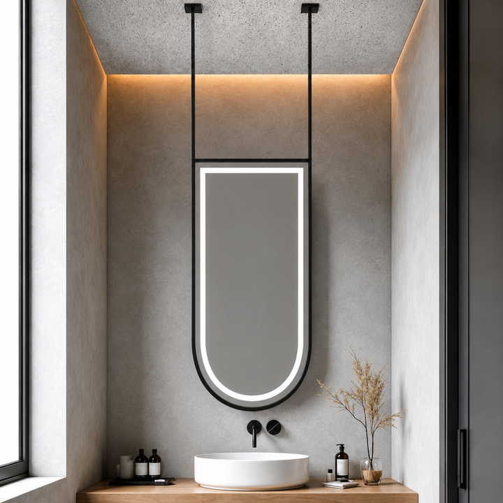 STOCK- U shape Suspended celing mounted mirror 24"X42" TOTAL HEIGHT 75"