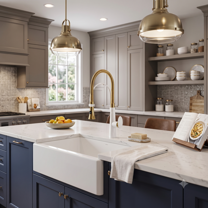 Morrigan-White with Gold Kitchen Island faucet with dual sprayer
