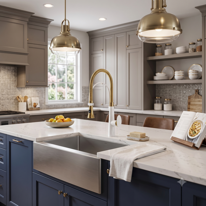 Morrigan-White with Gold Kitchen Island faucet with dual sprayer