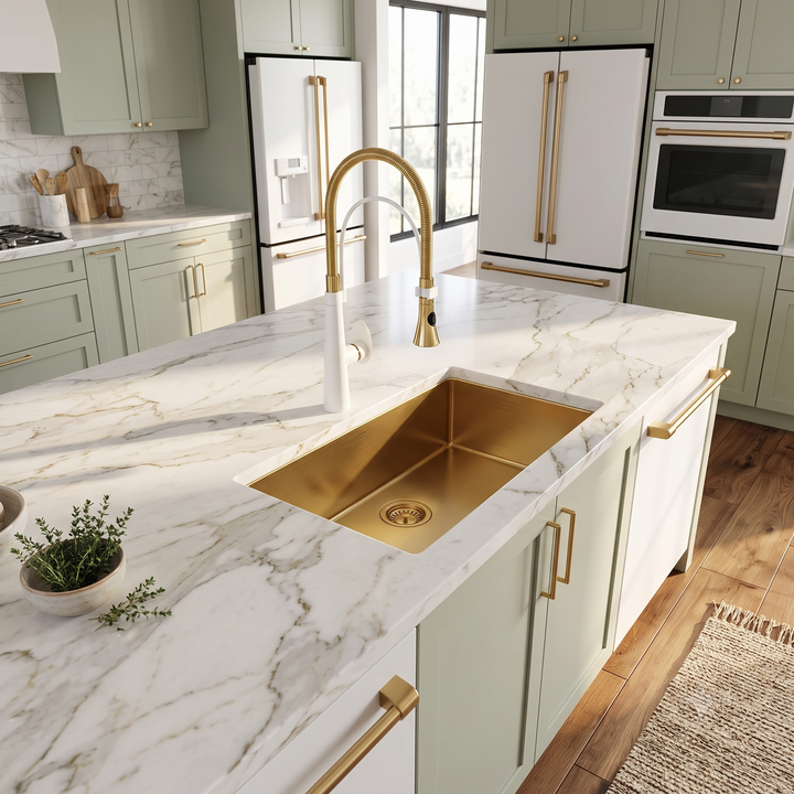 Morrigan-White with Gold Kitchen Island faucet with dual sprayer