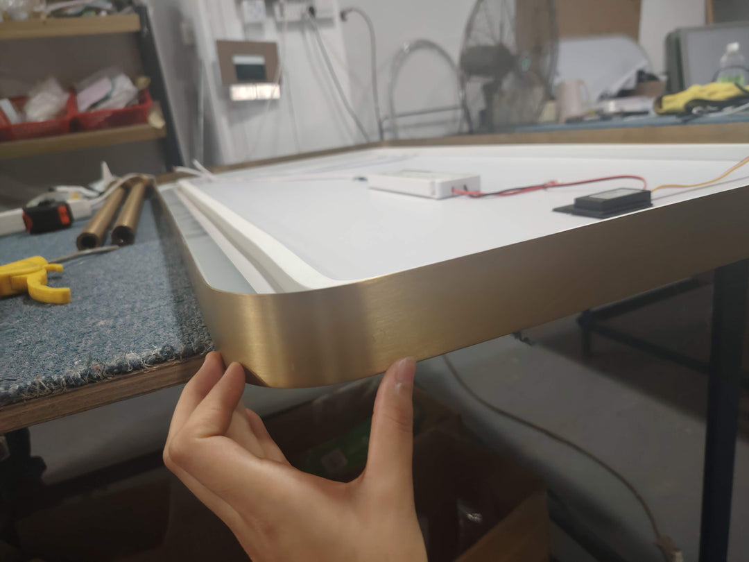 Custom-Double side Mirror-Brushed Gold-Oval Suspended Ceiling Mount Double Side LED Bathroom Mirror