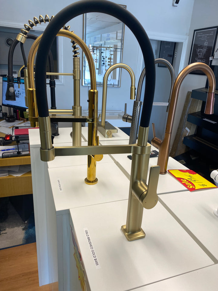 Barolo-Nordic design-Black with brushed gold -black matte- tall 21" pull our dual spray kitchen faucet