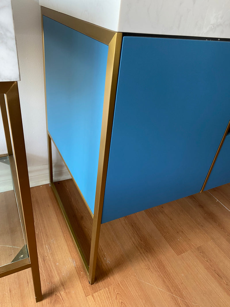 OPEN BOX MODEL BELLA-Sky blue - freestanding bathroom vanity set with quartz top stainless steel framed brushed gold trim