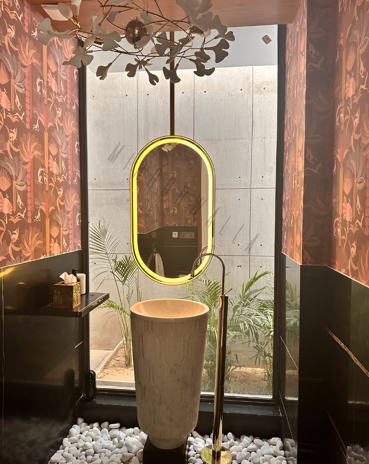 Stock-Brushed gold-Oval ceiling DOUBLE Sided Suspended Ceiling LED Mirrors 30"x42"