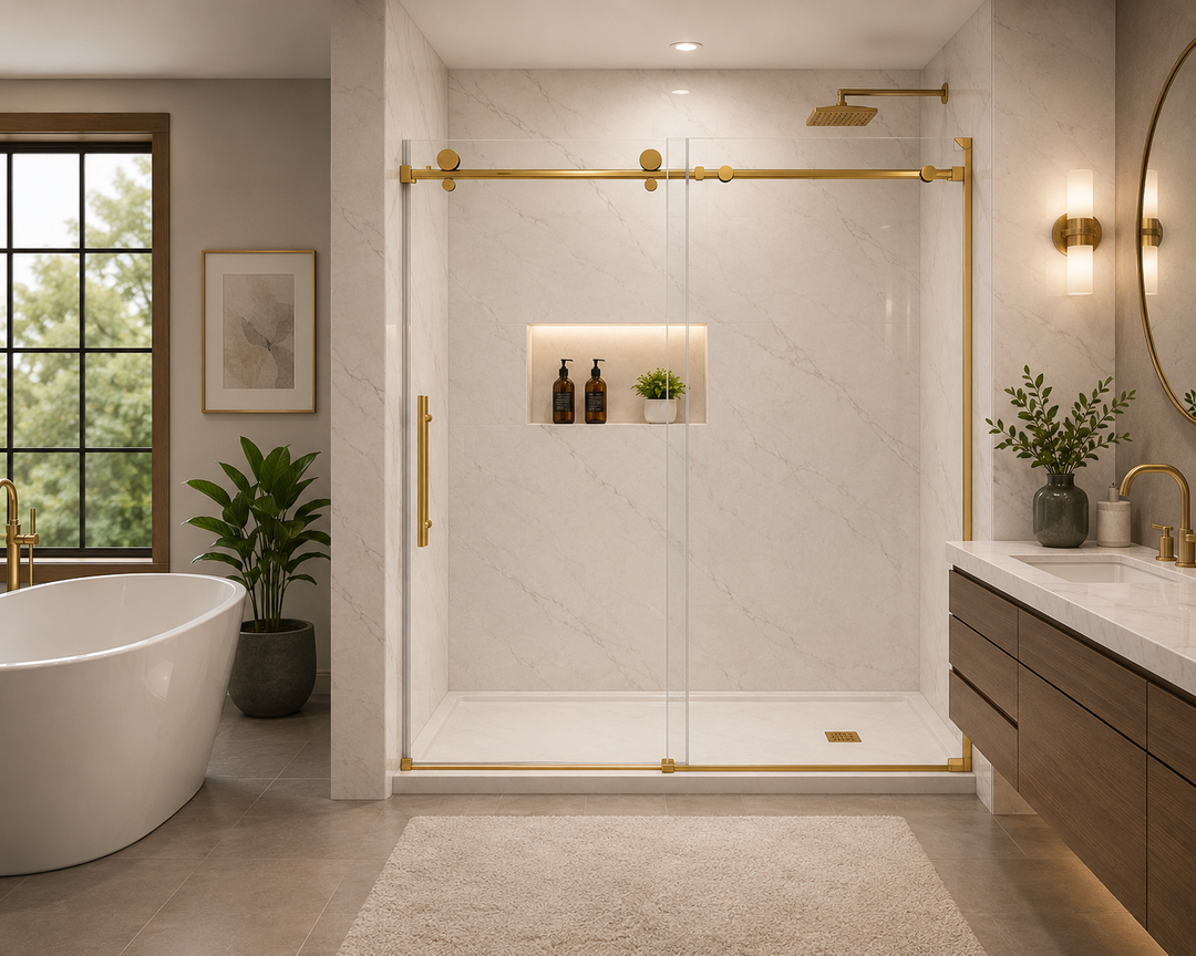 Brushed gold slide frameless single roller shower glass door SS05- 10mm- size 60"x76"