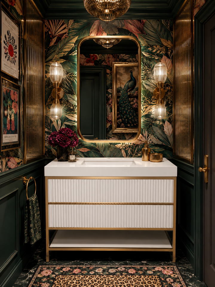 DOLCE 1926- WHITE ART DECO -SATIN BRUSHED GOLD STEEL FRAMED BATHROOM VANITY
