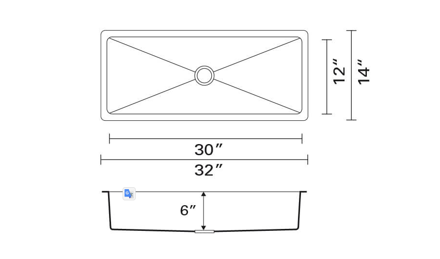 Commercial stainless steel undermount ink 32"x14"x6'