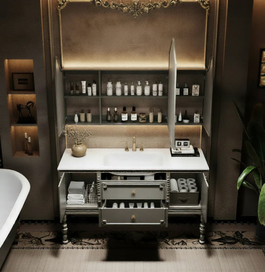 French Luis XIV Retro Oak Bathroom Vanity Cabinet Floor-to-Ceiling Rock Slab Washstand with Mirror And Light Solid Wood