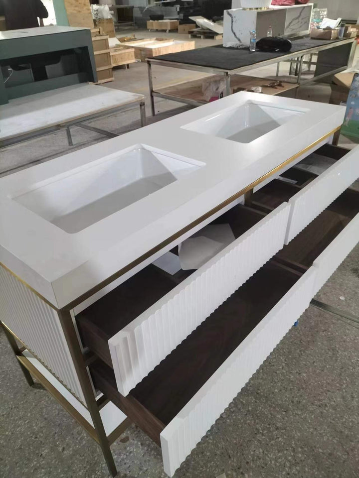 DOLCE 1926- WHITE ART DECO -SATIN BRUSHED GOLD STEEL FRAMED BATHROOM VANITY