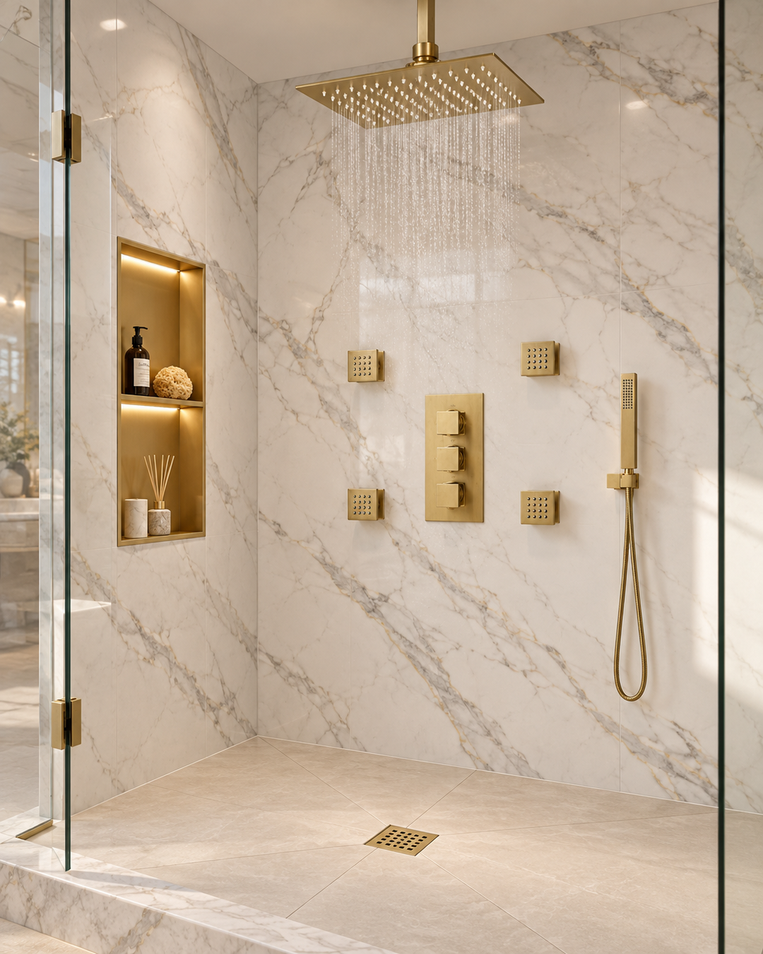 Ensemble de douche thermostatique spa à 4 fonctions avec pomme de douche à effet pluie de 12 po Louis XIV en or brossé CSA