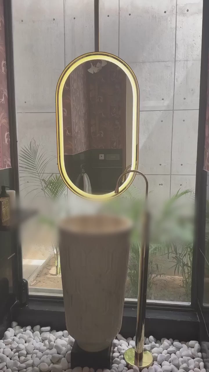Stock-Brushed gold-Oval ceiling DOUBLE Sided Suspended Ceiling LED Mirrors 30"x42"
