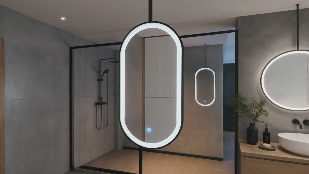 STOCK READY TO SHIP-PARIS 2- Black Oval Double Sided Ceiling Mounted Oval Mirror Bathroom LED Mirrors