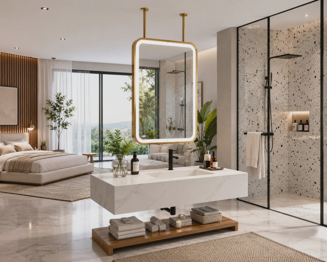 STOCK-MARBELLA-Brushed Gold- Portrait 1 Side Glass LED mirror celling mounted bathroom mirror 30"x54"