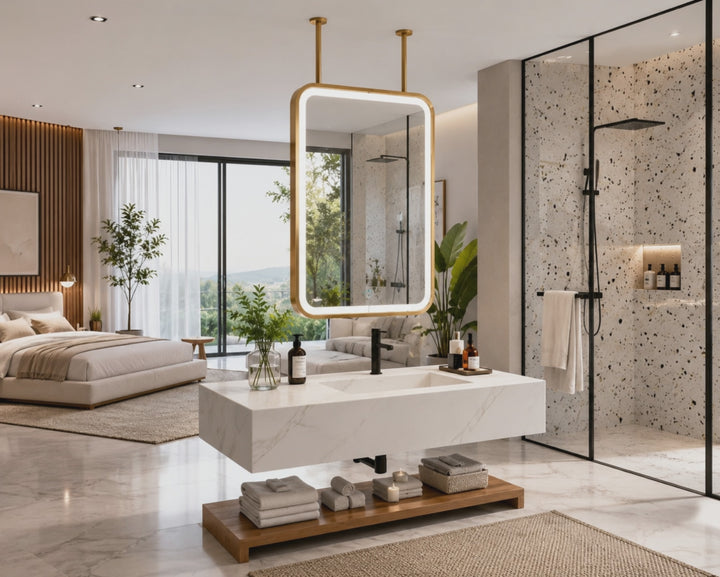 STOCK-MARBELLA-Brushed Gold- Portrait 1 Side Glass LED mirror celling mounted bathroom mirror 30"x54"
