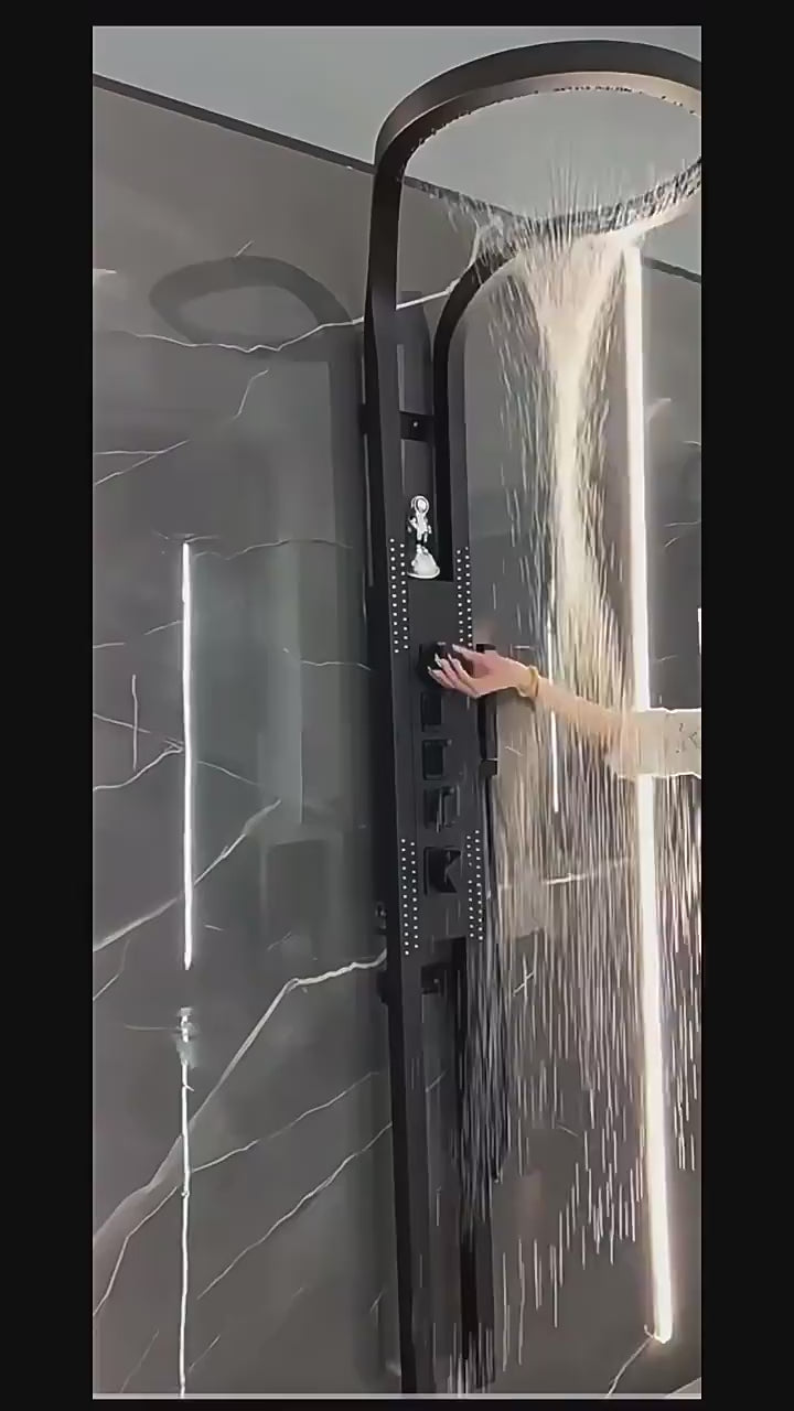 KING-Waterfall Black OUTDOOR-INDOOR Steel  Wall Mounted Multifunction Bathroom Waterfall Rainfall Shower Head Set System Panel