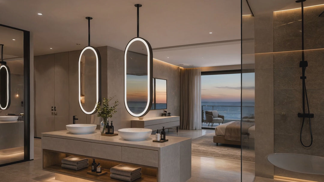 Custom-PARIS 1- Black Oval shape One Side Ceiling Mounted Oval Mirror Bathroom LED Sensor Full Length Mirror
