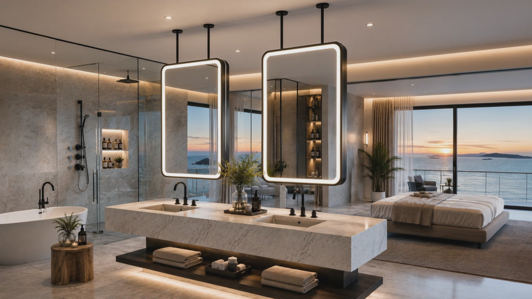 STOCK READY TO SHIP -MARBELLA 1- Black Matte-Rectangular 1 Side glass pendant celling mounted bathroom LED mirror