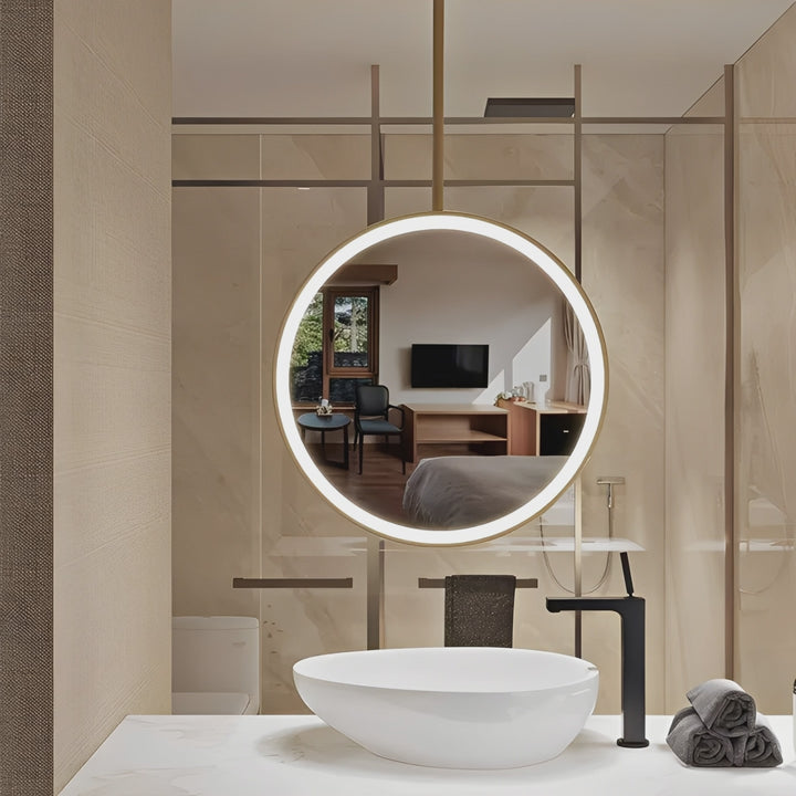 STOCK - Round Ceiling suspended brushed gold LED mirror 28"