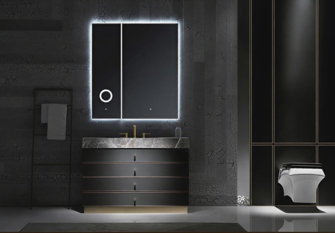 Tuscan-Grey leather with brushed gold trim solid oak wood modern bathroom vanity 48"-60"