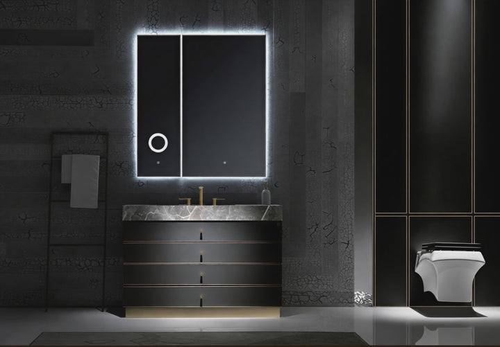 Tuscan-Grey leather with brushed gold trim solid oak wood modern bathroom vanity 48"-60"