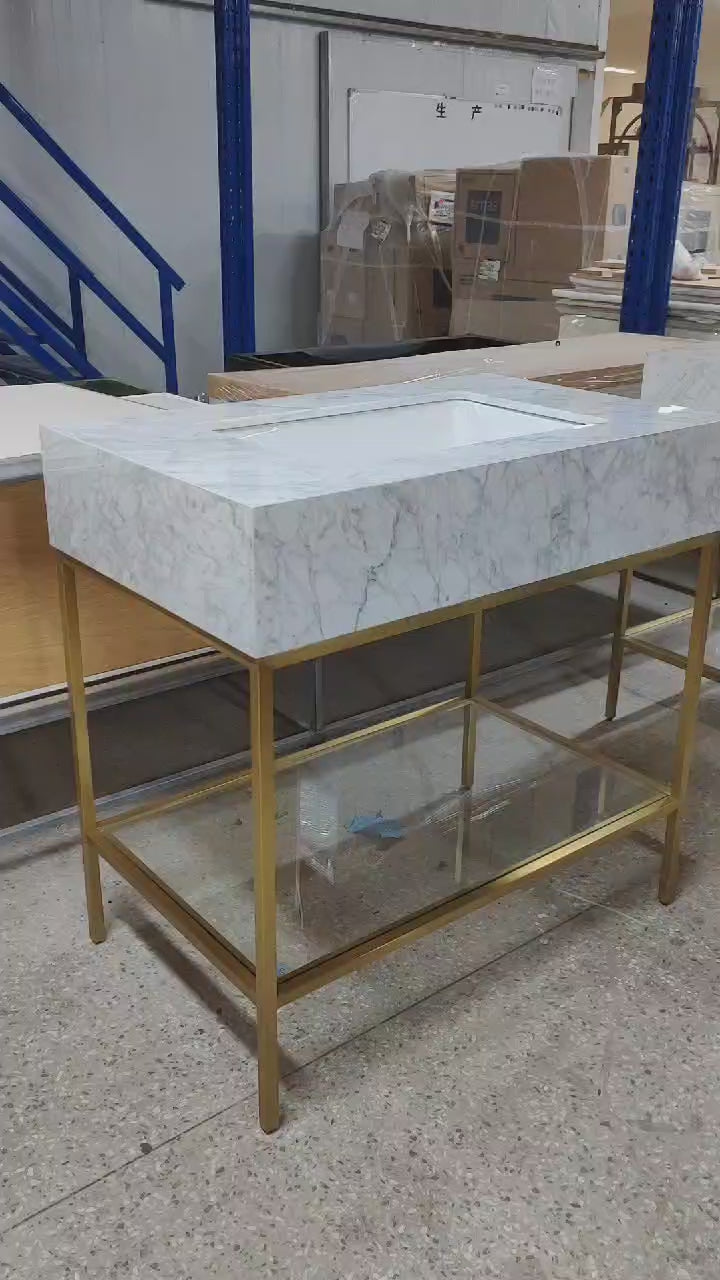 MILANO-Modern Exposed Console brushed gold steel with Carrera Marble vanity