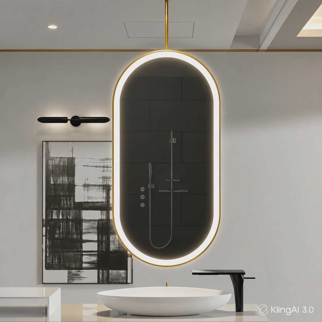 STOCK READY TO SHIP- Brushed Gold Oval Suspended Ceiling Mounted Bathroom  DOUBLE 2 Sided Glass  LED Mirror 20"x32"