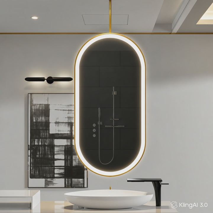 STOCK READY TO SHIP- Brushed Gold Oval Suspended Ceiling Mounted Bathroom  DOUBLE 2 Sided Glass  LED Mirror 20"x32"