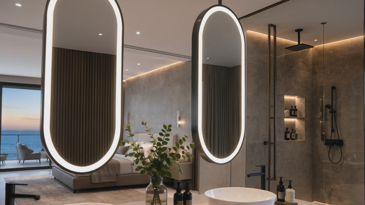 Custom-PARIS 1- Black Oval shape One Side Ceiling Mounted Oval Mirror Bathroom LED Sensor Full Length Mirror