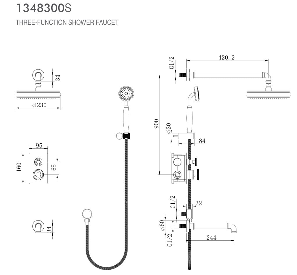 Gold polished brass Victorian Industrial Style 2 and 3 Way Function Shower with tub filler completed Kit