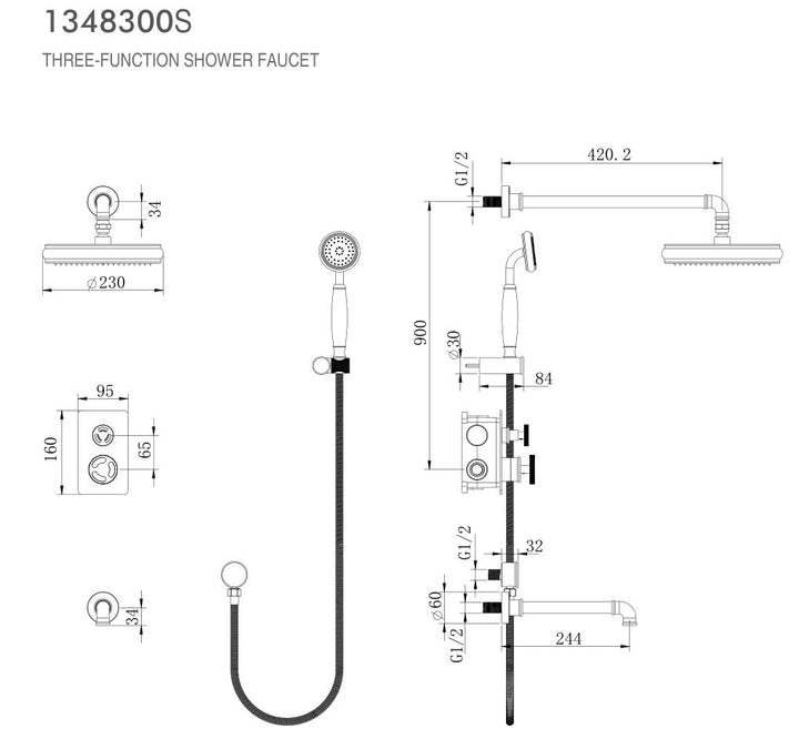 Gold polished brass Victorian Industrial Style 2 and 3 Way Function Shower with tub filler completed Kit