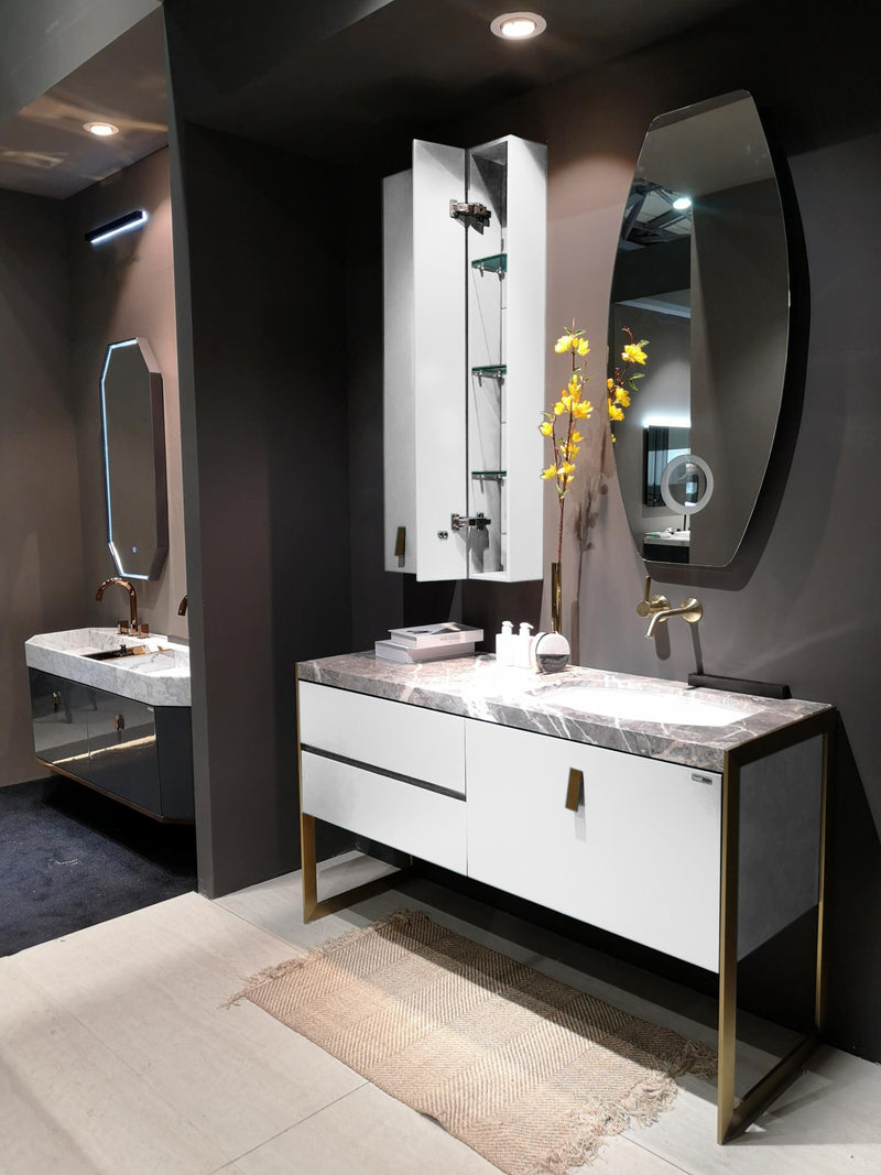 Bisoni-White matte bathroom vanity set with brushed gold metal trim led mirror and medicine cabinet as photo shows completed 55"