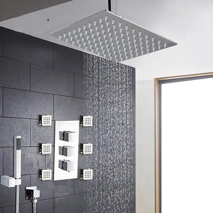 Chrome CSA Certified- Square Rainfall Thermostatic Valve Mixer Tap W/ 6 Message Jets Shower Mixer Set
