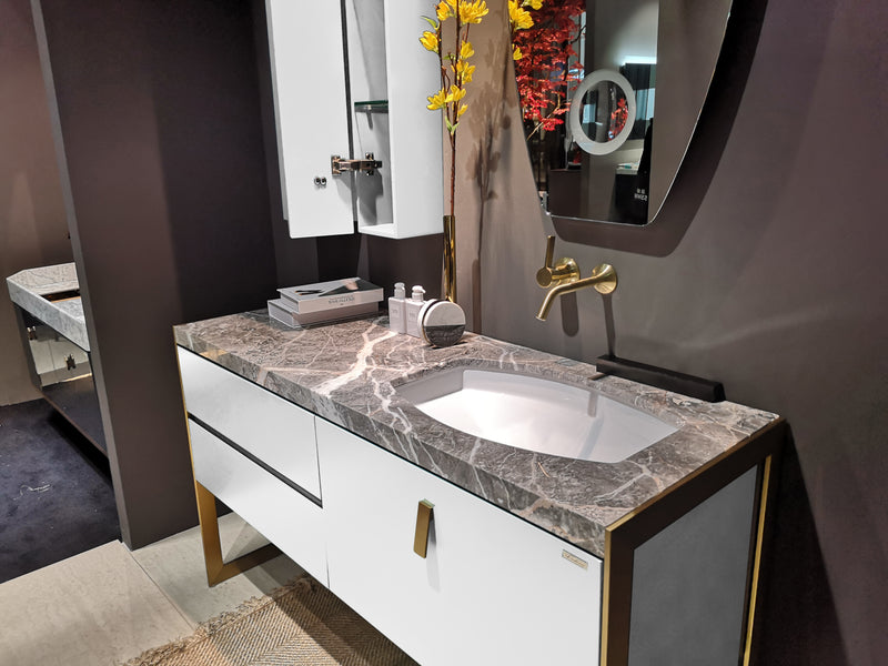 Bisoni-White matte bathroom vanity set with brushed gold metal trim led mirror and medicine cabinet as photo shows completed 55"