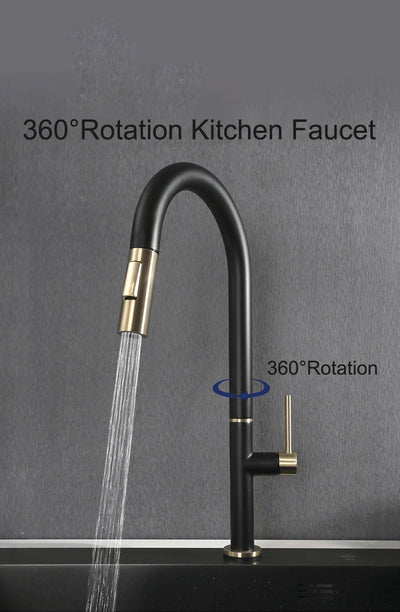 Black and Brusdhed Gold Two Tone Touchless Sensor Kitchen Faucet Pull Out Dual Sprayer