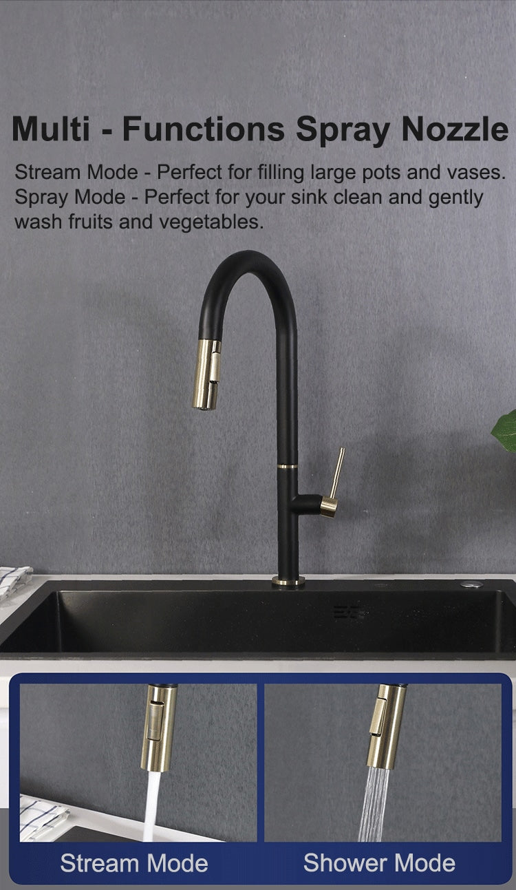 Toronto-Black and Brushed Gold Two Tone Touchless Sensor Kitchen Faucet Pull Out Dual Sprayer