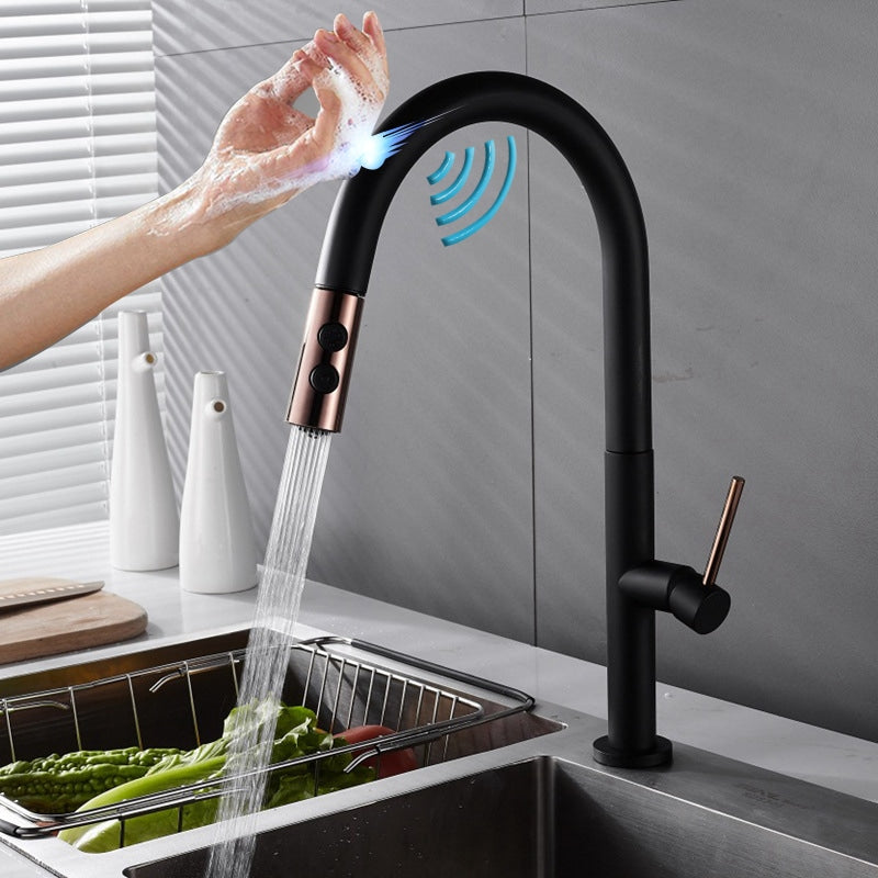 Black with rose gold polished smart touchless pull out dual sprayer kitchen faucet