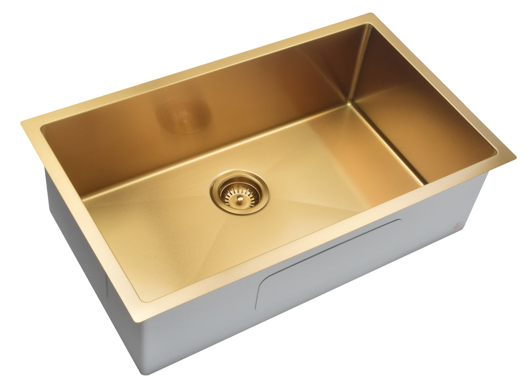 Brushed Brass Gold Undermount 100%-16 Gauge Commercial Grade Kitchen Sink Single Bowl 304 Stainless Steel with Nano Coated Technology