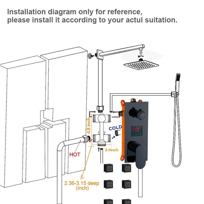 TOKYO-Black Square Ceiling Mount LED Temperature Thermostatic Control With 6 Body Jet Massage Sprayers Completed Shower Kit