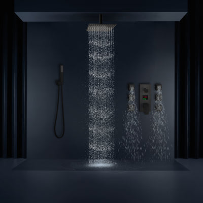 TOKYO-Black Square Ceiling Mount LED Temperature Thermostatic Control With 6 Body Jet Massage Sprayers Completed Shower Kit