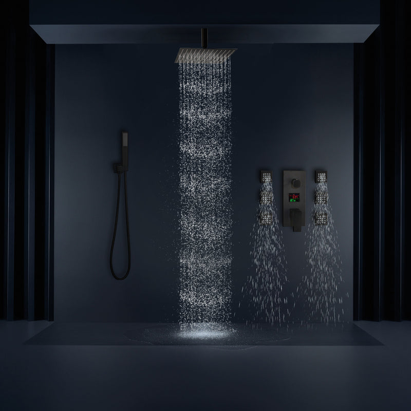 TOKYO-Black Square Ceiling Mount LED Temperature Thermostatic Control With 6 Body Jet Massage Sprayers Completed Shower Kit