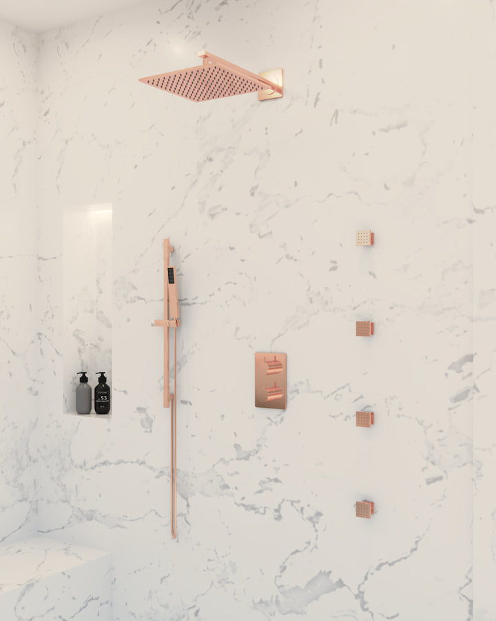 Rose gold polished Square 12" Inches Rain Head 3 way function diverter thermostatic PB with 4 body jets massage shower kit