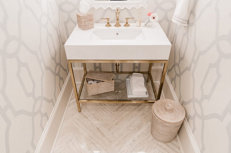 MILANO-Modern Exposed Console Brushed Gold Metal Steel Trim with 6" Natural Marble Bianco Carrera Marble Set