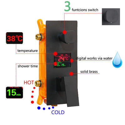 Matte Black Square 16"-12" Rain Head 3 LCD display temperature control way function diverter with hand spray and 6 body jets