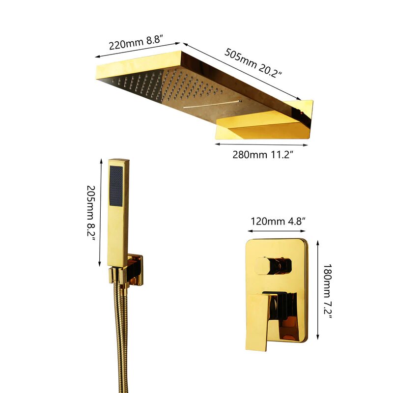 CSA-Chrome-Gold  Waterfall Rain Head 3 Way Diverter Pressure  Balance Shower Kit